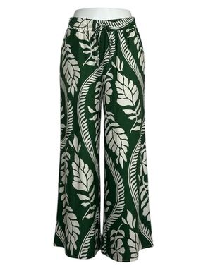 Lightweight Wide Leg Printed Palazzo Pants in Green and White